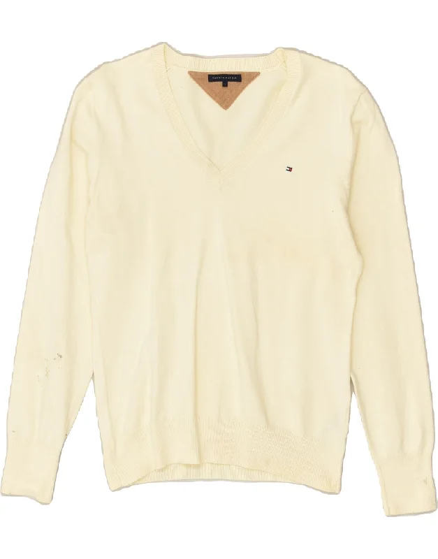 Quick Sale TOMMY HILFIGER Womens V-Neck Jumper Sweater UK 14 Large Off White Cotton