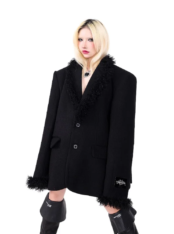 PINKSPINK Faux Fur Trim Blazer - Black