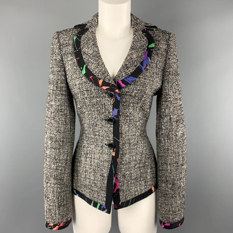 Super Deal ARMANI COLLEZIONI Size 8 Grey Multi Color Tweed Floral Trim Blazer