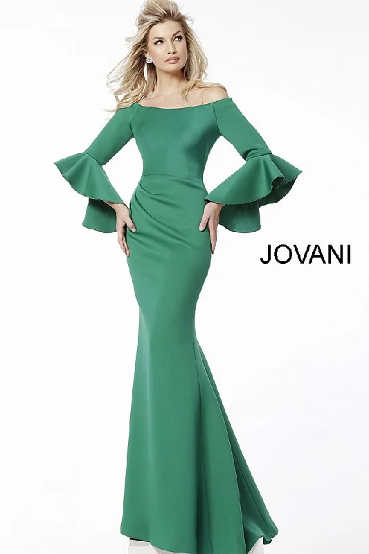 Jovani 59993 Scuba Off the Shoulder Bell Sleeves Evening Dress Formal Long Sleeve