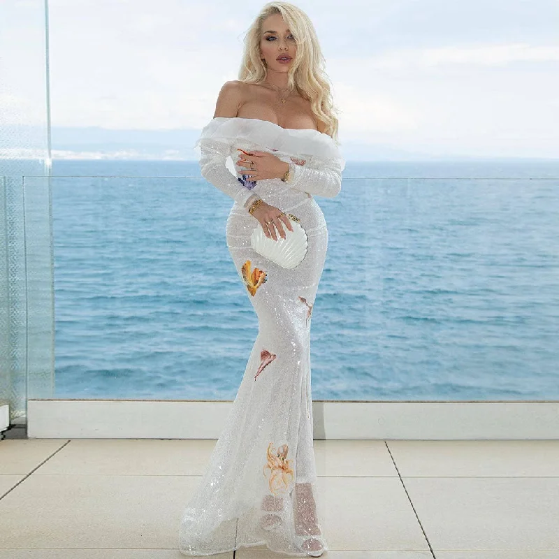Markdown Madness Ocean Motif Sheer Sequin Backless Long Sleeve Maxi Evening Dress