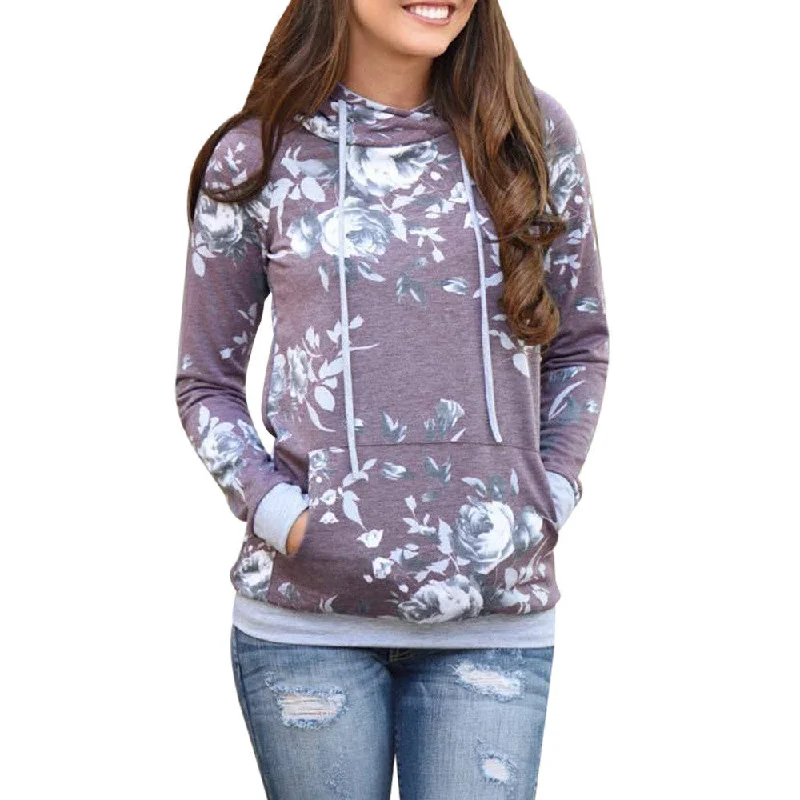 Womens Autumn Winter Floral Loose Hoodie Sweatshirt Pullover Tops Blouse