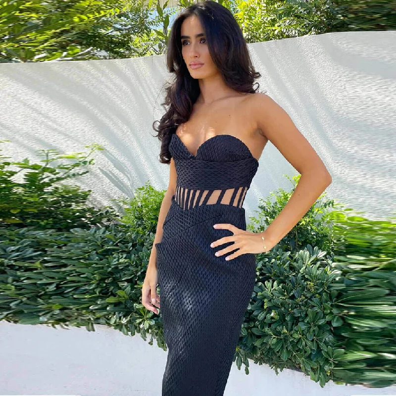 Discount Mania Fanciful Sweetheart Strapless Lattice Effect Corset Midi Dress - Black
