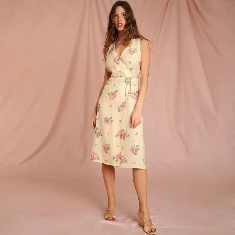 Reduced Prices Vintage Rose Print V Neck Sleeveless Wrap Tie Midi Dress - Yellow