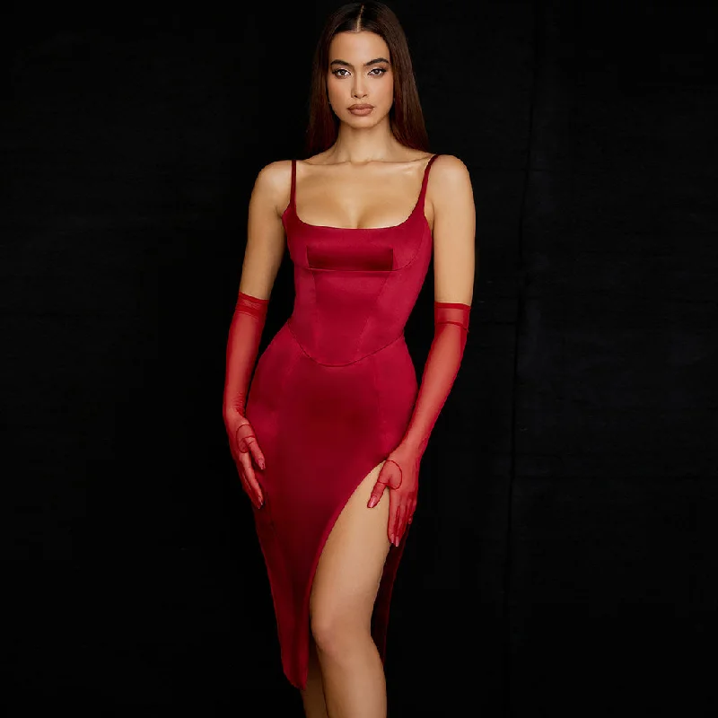 Savings Galore Silky Satin Square Neck High Slit Cocktail Party Midi Dress - Burgundy Savings Galore Silky Satin Square Neck High Slit Cocktail Party Midi Dress - Burgundy