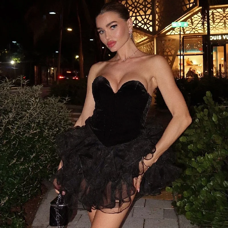 Incredible Offers Vintage Bustier Drop Waist Velvet Hybrid Layered Ruffle Tube Mini Dress