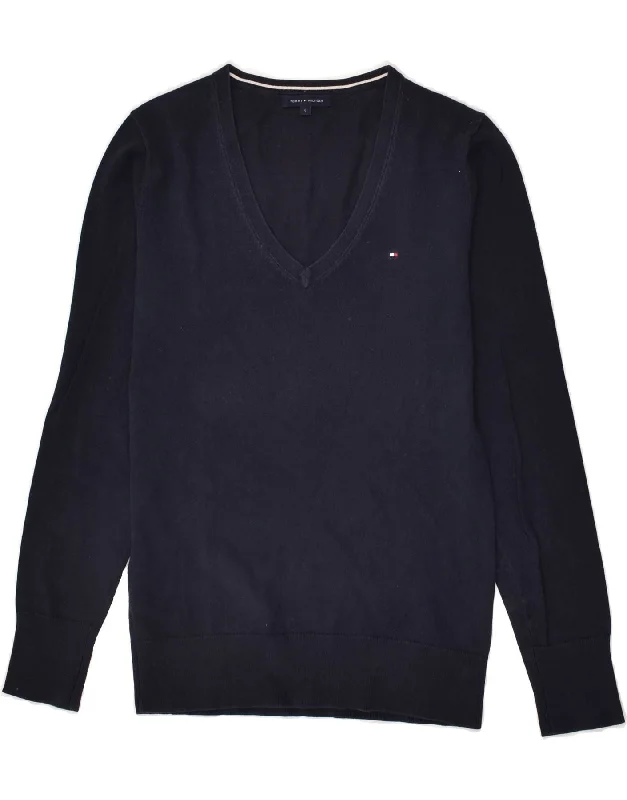 TOMMY HILFIGER Womens V-Neck Jumper Sweater UK 10 Small Navy Blue Cotton