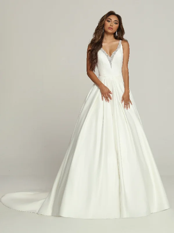 Davinci Bridal 50690 Satin A Line Ballgown Wedding Dress Sheer Rhinestone V Neck Bridal Gown