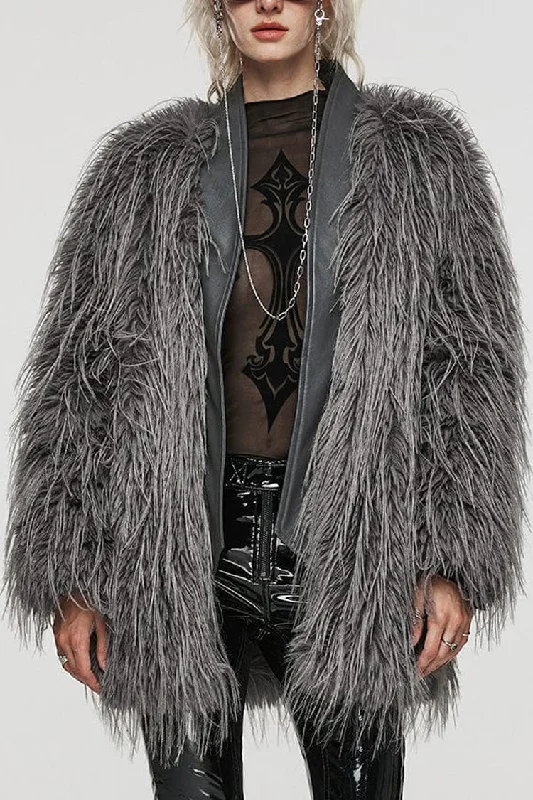Weekend Flash Sale Grey Faux Fur Wool Side Long Sleeves Stitching Womens Gothic Elegant Coat