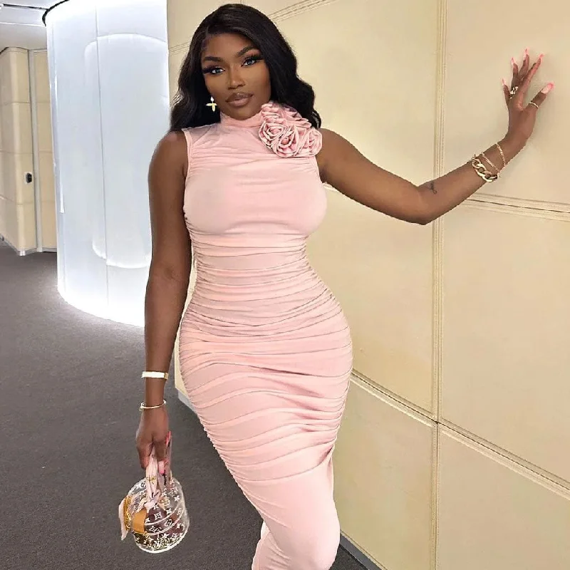 Sneak Peek Sale Romantic Floral Corsage Ruched High Neck Sleeveless Bodycon Midi Cocktail Dress
