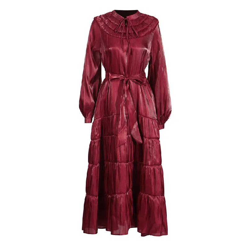 Big Discounts Regal Tie Neck Blouson Sleeve Ruched Belted Tiered Maxi Evening Dress