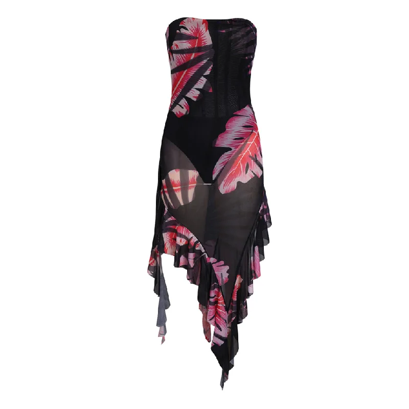 Best Bargains Asymmetrical Draped Ruffle Corset Palm Leaf Print Sheer Mesh Tube Dress