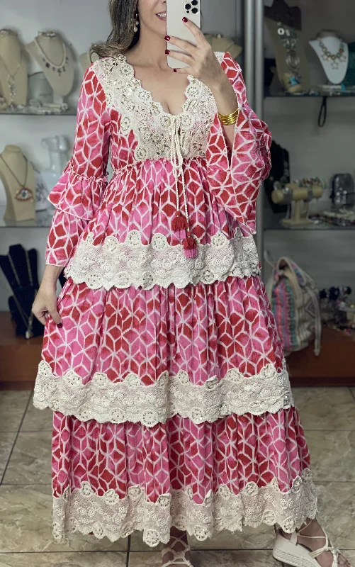 One-DAY Sale Red/Pink/Cream Boho Maxi Dress