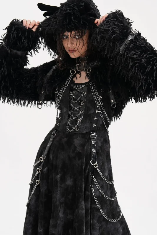 Year-End Sale Black Long Sleeves Hooded Women's Gothic Chain Buckle-up Horn Cape