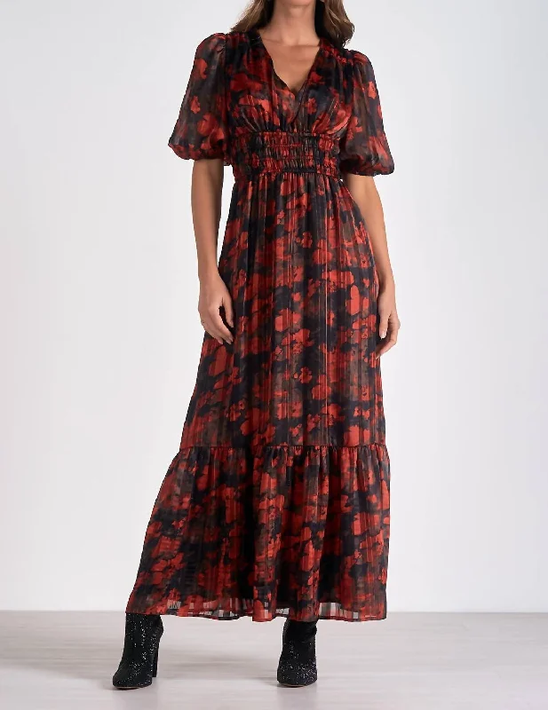 Floral V-Neck Maxi Dress In Red Floral