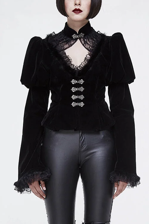 Small Stand Collar Flared Princess Sleeve Black Velveteen Short Womens Gothic Jacket