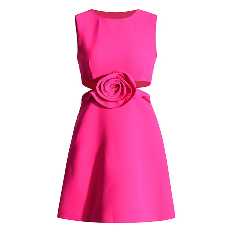 Final Sale Cute Crew Neck Sleeveless Cutout Embellished 3D Rosette Mini Dress