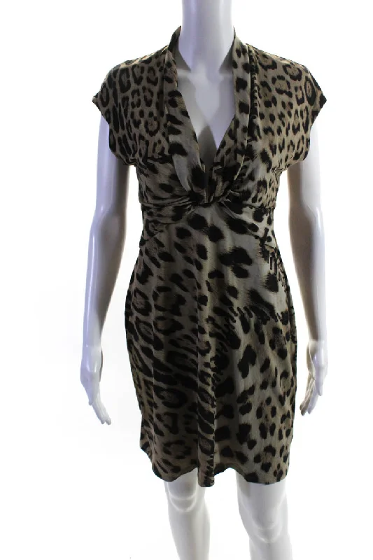 Roberto Cavalli Women's Leopard Print V-neck Gathered Shift Dress Beige