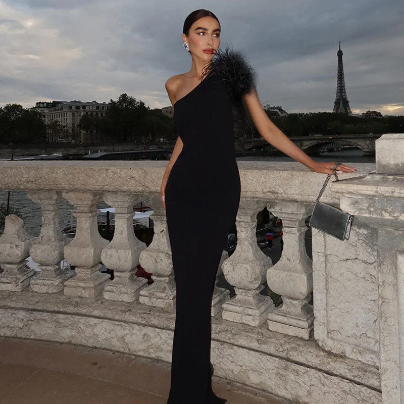 Don't Wait Asymmetrical Wispy Feathered One Shoulder Back Split Bandage Knit Maxi Evening Dress Don't Wait Asymmetrical Wispy Feathered One Shoulder Back Split Bandage Knit Maxi Evening Dress