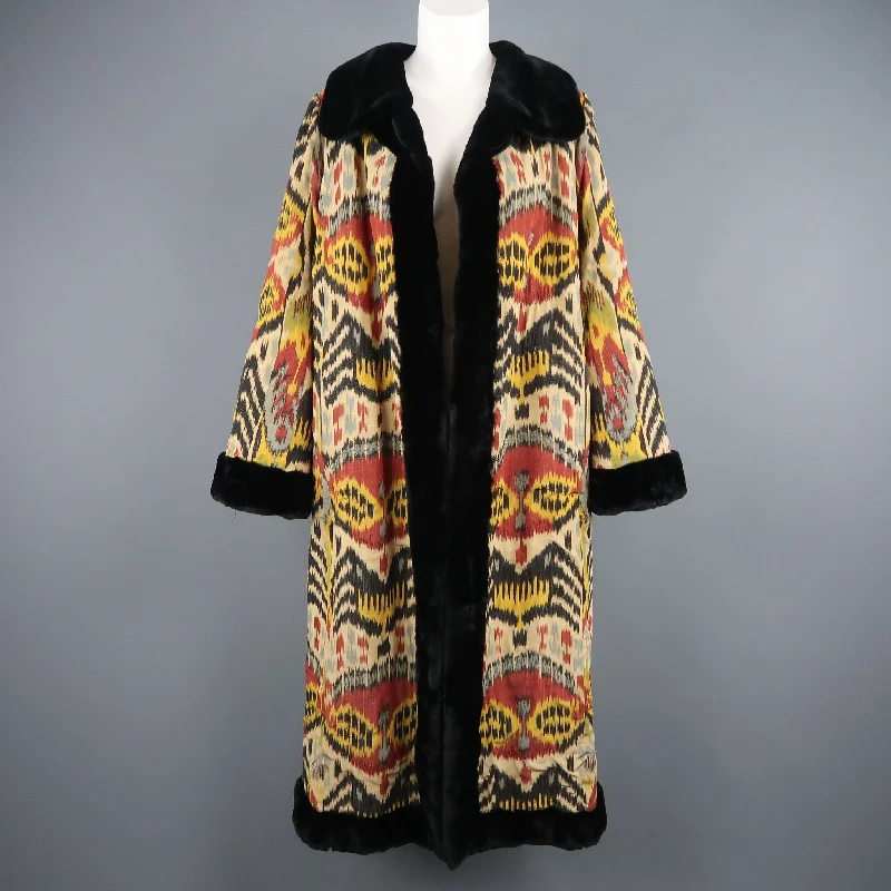 OSCAR DE LA RENTA Size L Ikat Silk & Embroidered Mink Reversible Opera Coat