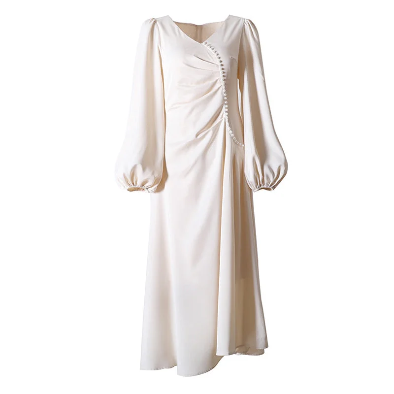 Today’s Deal Elegant Imitation Pearl Beaded Ruched V Neck Puff Sleeve Midi Satin Dress Today’s Deal Elegant Imitation Pearl Beaded Ruched V Neck Puff Sleeve Midi Satin Dress