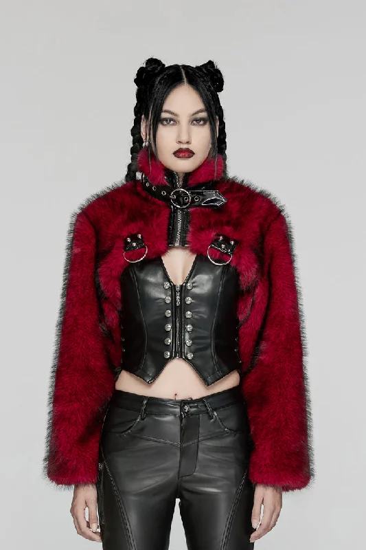 Daily Specials Red Stand Collar Long Sleeves Women's Punk Faux Fur Short Jacket