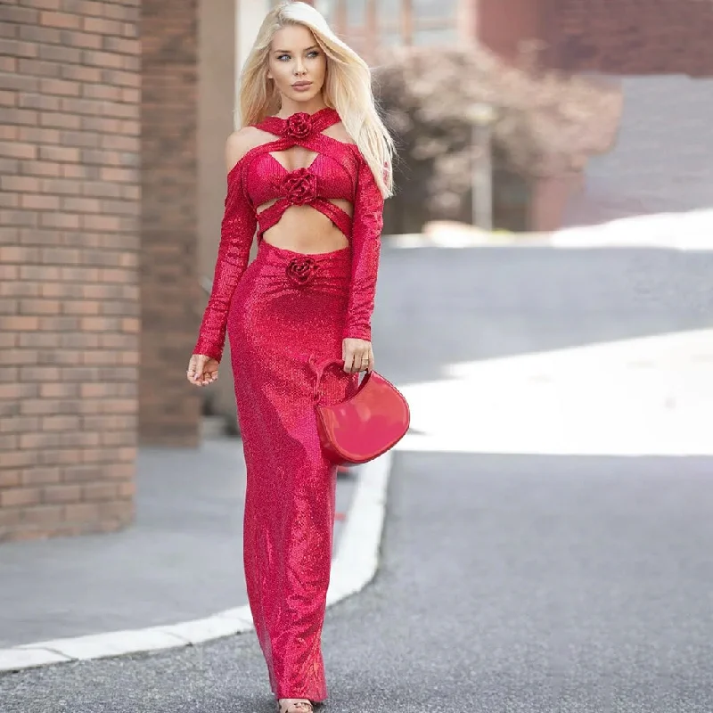 Season Finale Sale Sexy Rosette Corsage Cutout Long Sleeve Bodycon Sequin Embellished Maxi Dress