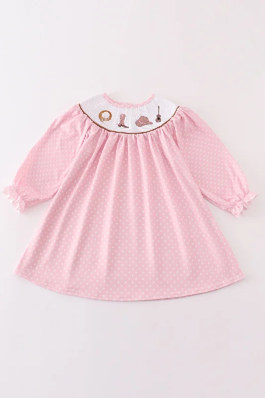 Act Now Pink dot smocked western embroidery girl dress