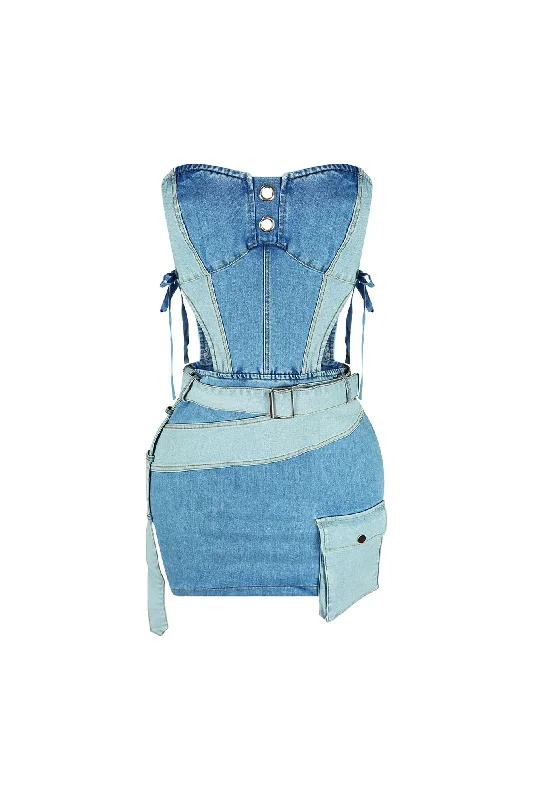 Stock Clearance Tension Denim Color Block Strapless Dress