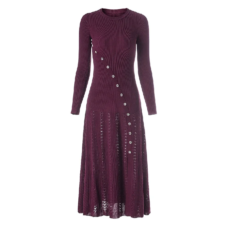Final Sale Elegant Long Sleeve Button Trim Pointelle Ribbed Knit Fishtail Sweater Midi Dress