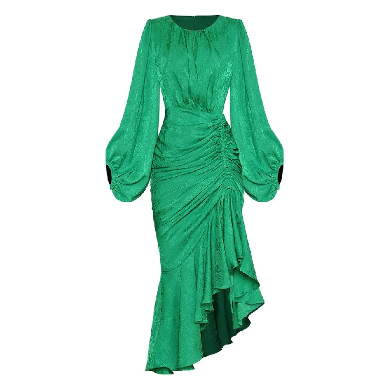 Huge Savings Asymmetric Ruched Ruffle Balloon Sleeve Round Neck Midi Mermaid Dress Huge Savings Asymmetric Ruched Ruffle Balloon Sleeve Round Neck Midi Mermaid Dress