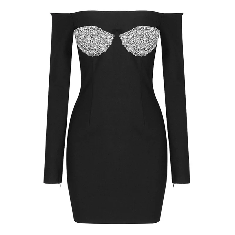 Bonus Savings Sparkly Crystal Bra Embellished Off Shoulder Long Sleeve Mini Bandage Dress Bonus Savings Sparkly Crystal Bra Embellished Off Shoulder Long Sleeve Mini Bandage Dress
