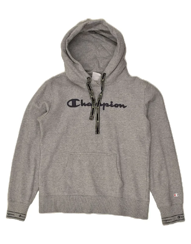 CHAMPION Womens Graphic Hoodie Jumper UK 14 Large Grey Cotton