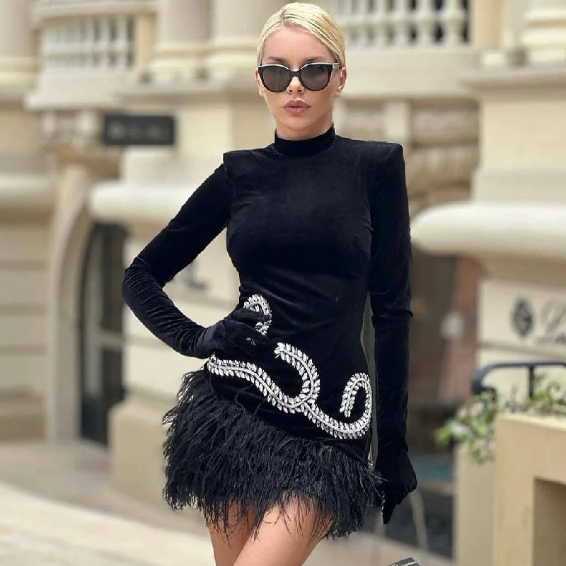 Big Discounts Opulent High Neck Glove Sleeve Crystal Detail Velvet Feather Mini Dress Big Discounts Opulent High Neck Glove Sleeve Crystal Detail Velvet Feather Mini Dress