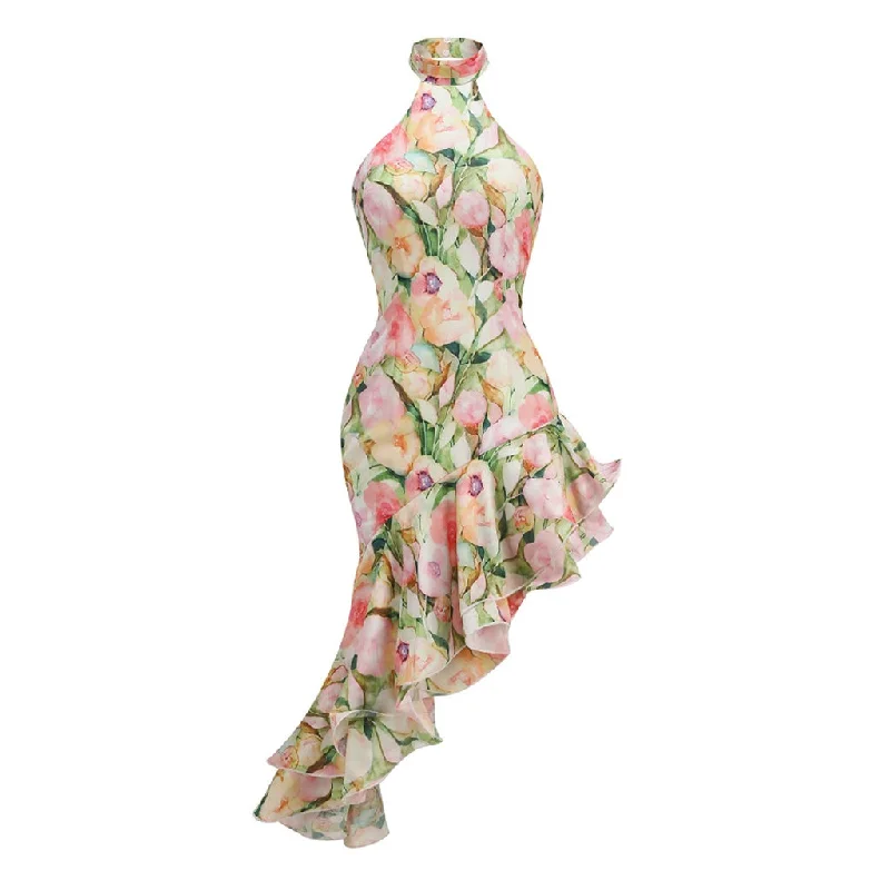 Lowest Price Romantic Floral Print Halter High Neck Asymmetrical Tiered Ruffle Dress