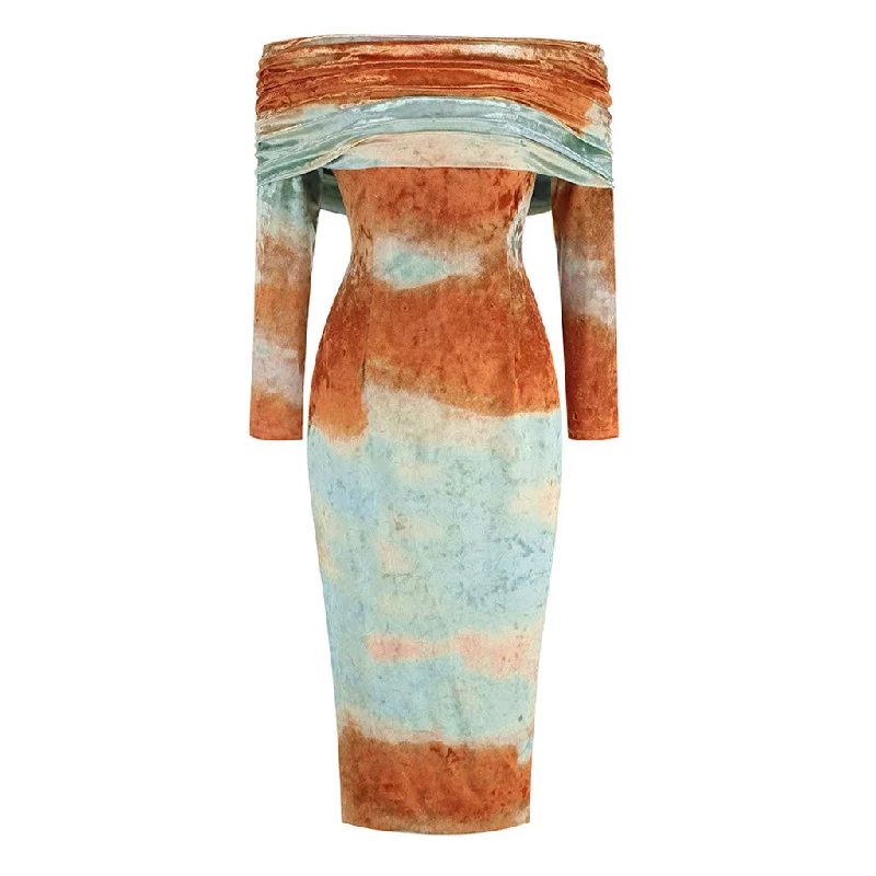 Epic Deals Magnificent Tie Dye Foldover Off Shoulder Velvet Bodycon Midi Cocktail Dress