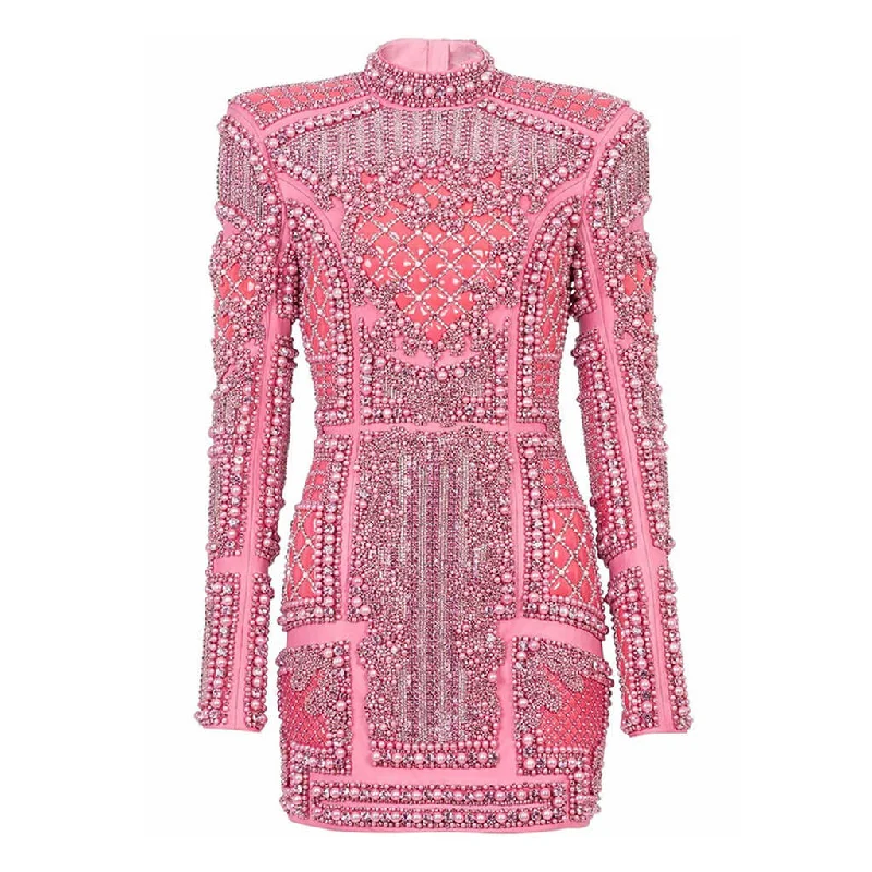 Limited Time Baroque Beaded Sequin Embellished High Neck Long Sleeve Mini Party Dress