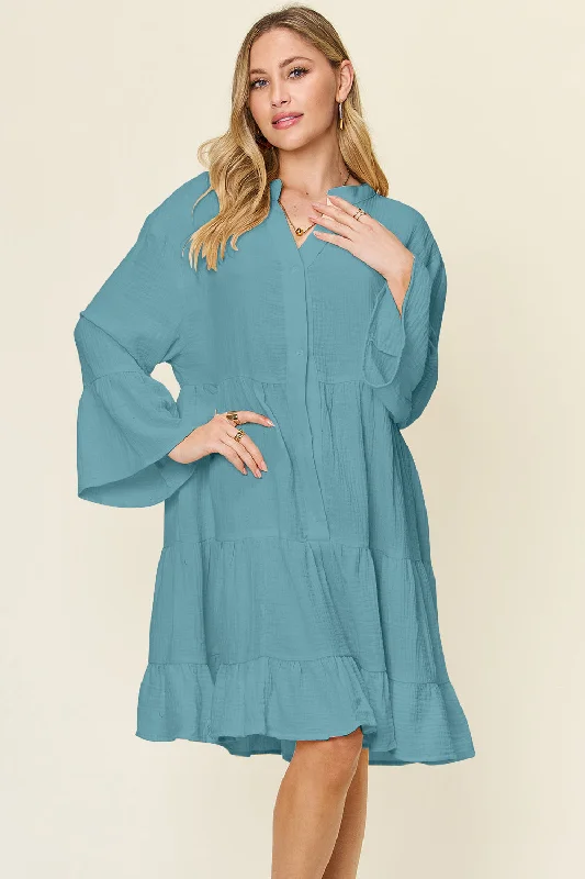 Savings Event Double Take Full Size Texture Button Up Ruffle Hem Dress