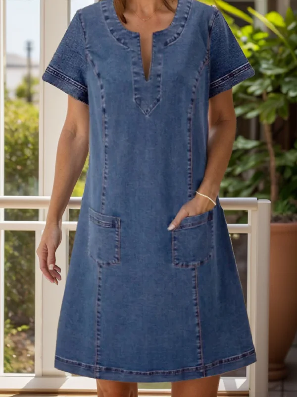 Take Advantage Full Size Notched Short Sleeve Denim Dress
