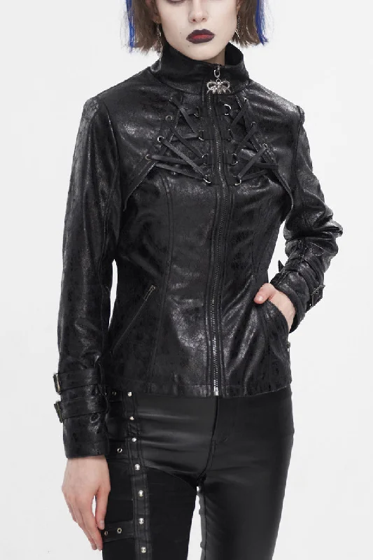 Special Discount Black Stand Collar Crackled Buckle Women's Punk Jacket
