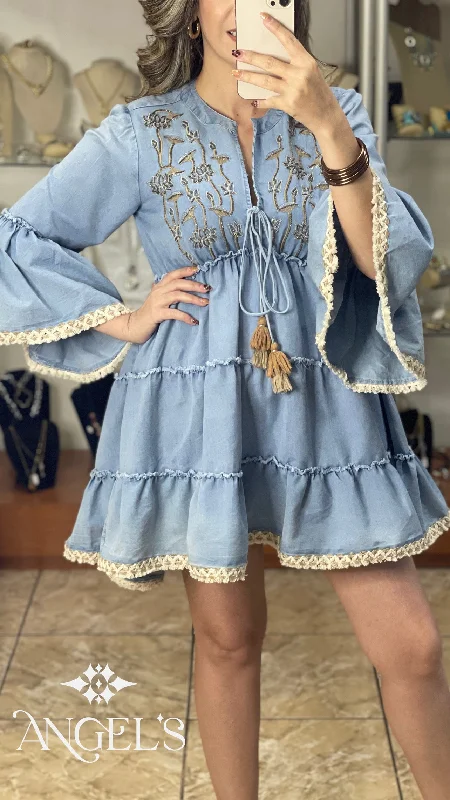 Great Bargains Low/High Embroidered Denim Mini Dress