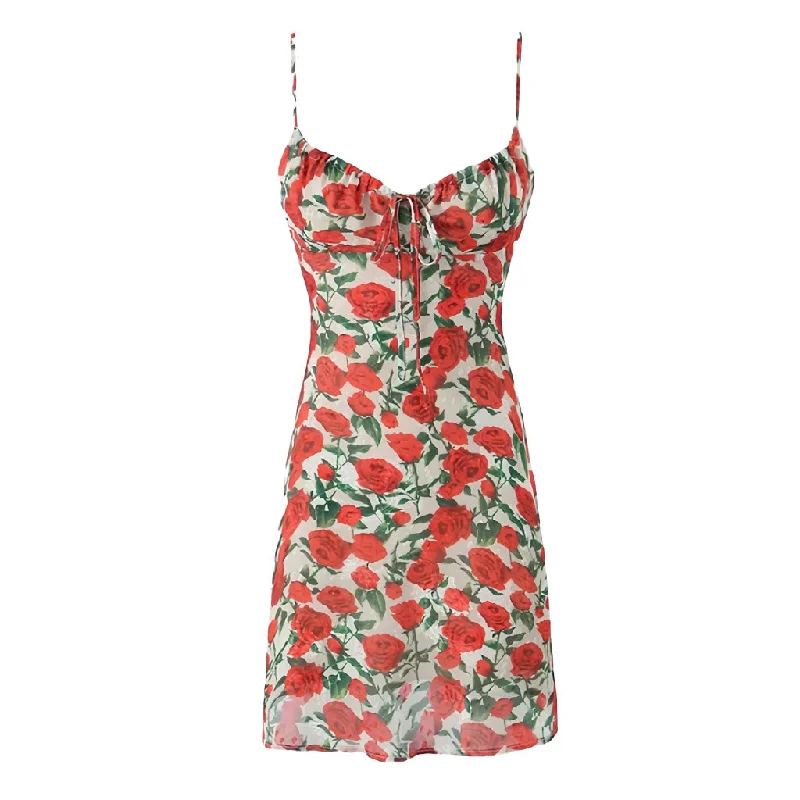 Huge Discounts Sexy Floral Print Bow Tie Sweetheart Spaghetti Strap Chiffon Mini Sundress