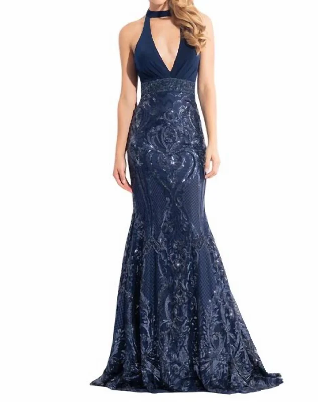 Halter Neck Embellished Mermaid Gown In Navy