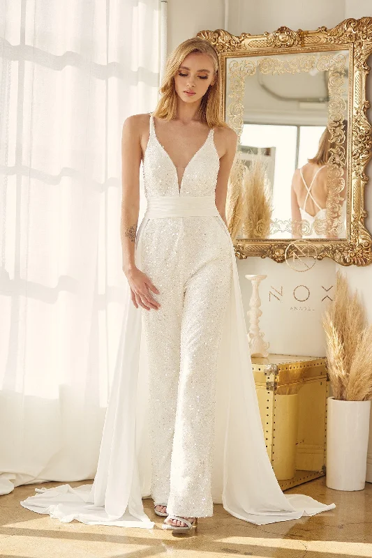 Major Savings Nox Anabel JE926 Size 4 Sequin & Pearl Bridal V Neck Jumpsuit Overskirt Pockets Wedding Pant suit