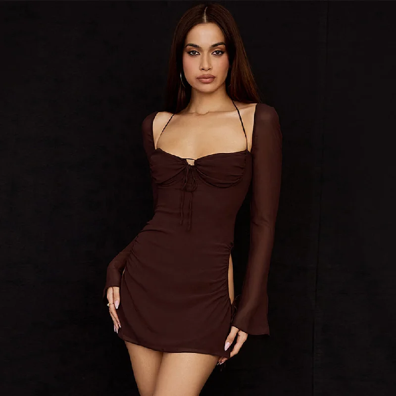 Mega Deal Sexy Self Tie Cutout Long Sleeve Mesh Halter Mini Dress - Coffee