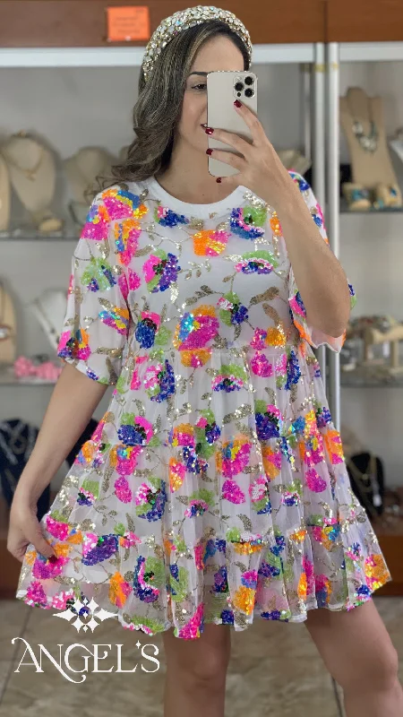 Exclusive Preview White Floral Sequins Mini Dress