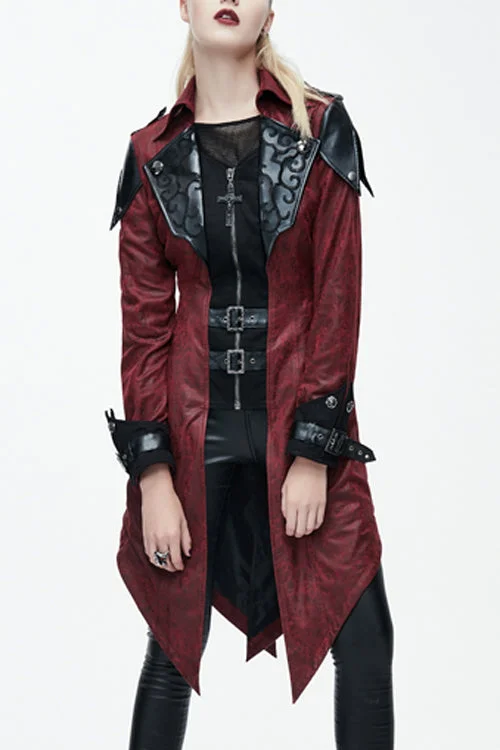 Punk Black And Red Applique Womens Hooded Leather Long Coats