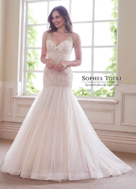 Sophia Tolli 21811 Size 14 Backless Beaded Fit & Flare Wedding Dress Bridal Gown