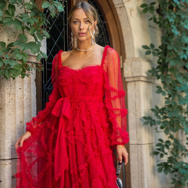 Closeout French Style Sweetheart Neck Bishop Sleeve A Line Ruffle Tiered Dotted Tulle Maxi Dress Closeout French Style Sweetheart Neck Bishop Sleeve A Line Ruffle Tiered Dotted Tulle Maxi Dress