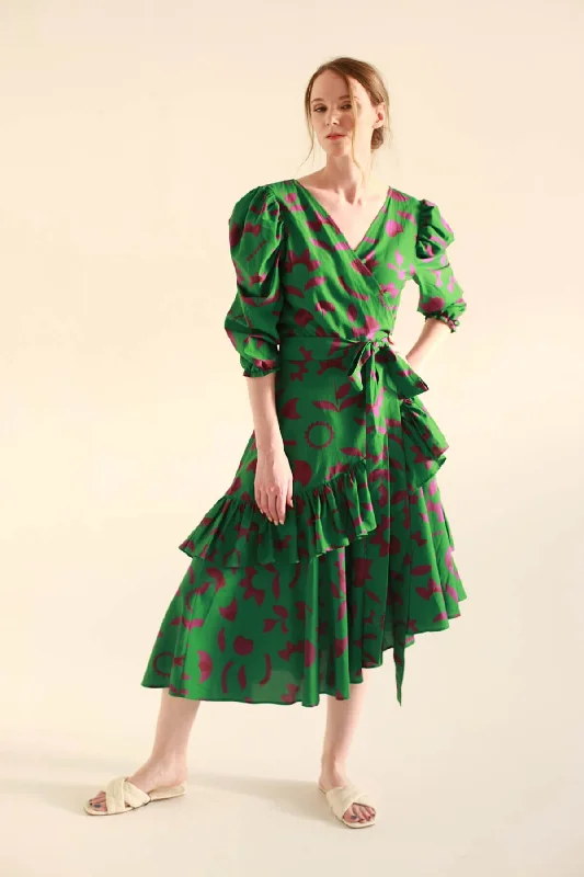 Best Bargains Green Garden Cotton Silk Wrap Dress
